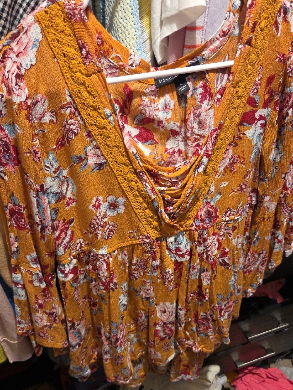 Signature Studio Mustard Floral Peasant Top
